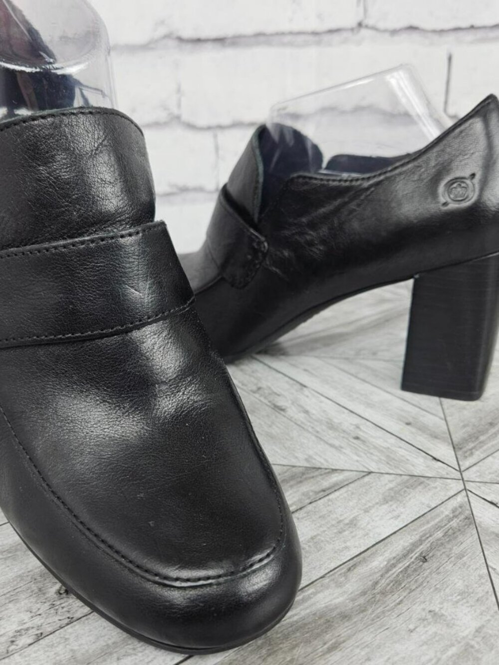 Born Heel Loafer Shoes Womens 9 M Handcrafted Black Leather Chunky Block